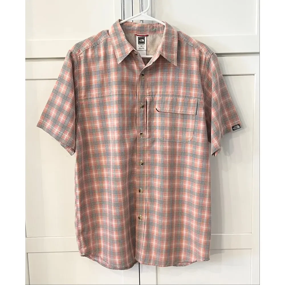 THE NORTH FACE Button Down Dress Shirt Mens M Short Sleeve Collared Orange Plaid